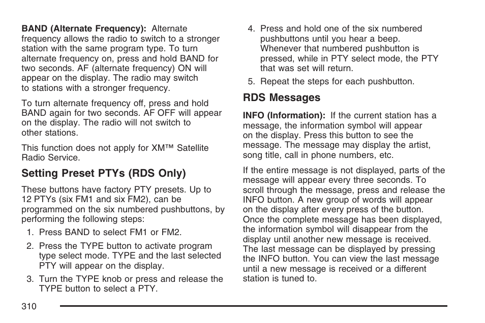 Setting preset ptys (rds only), Rds messages | GMC 2007 Sierra User Manual | Page 310 / 674