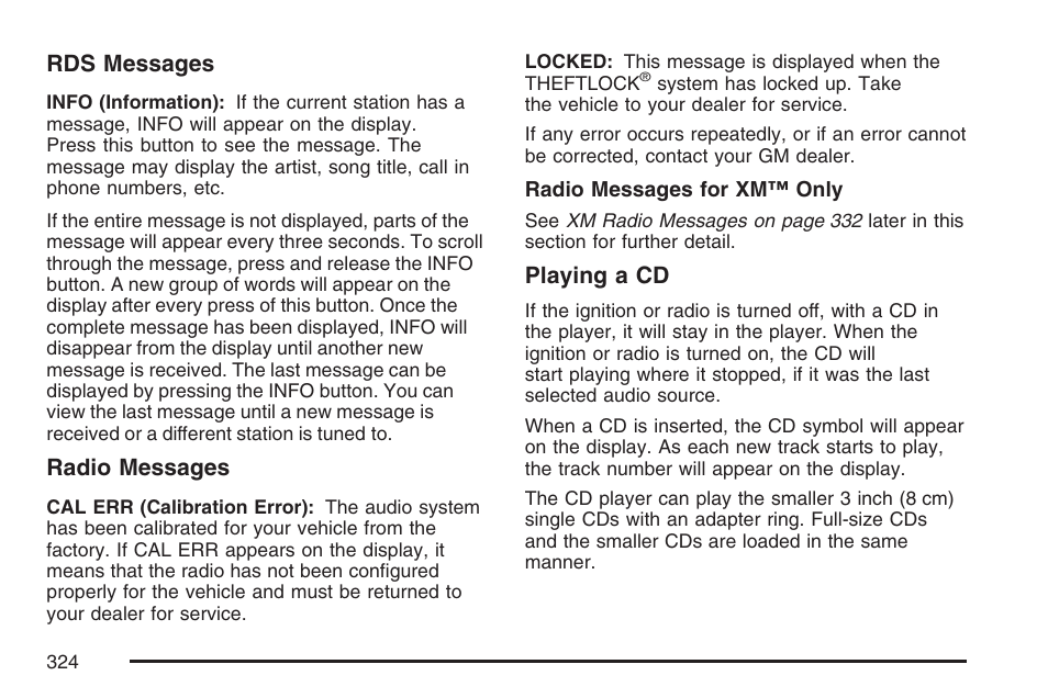 Rds messages, Radio messages, Playing a cd | GMC 2007 Sierra User Manual | Page 324 / 674
