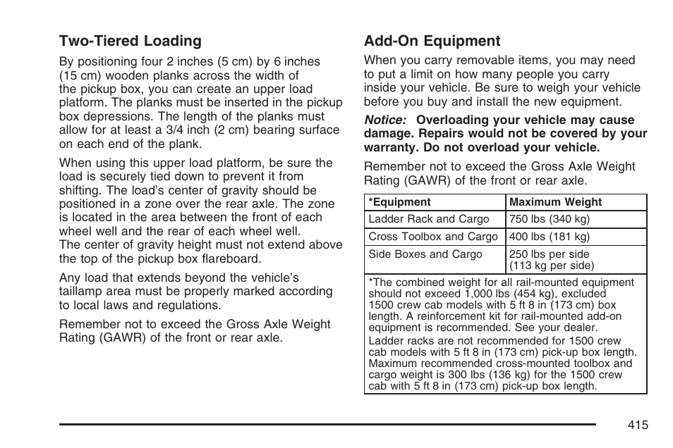 Two-tiered loading, Add-on equipment | GMC 2007 Sierra User Manual | Page 415 / 674