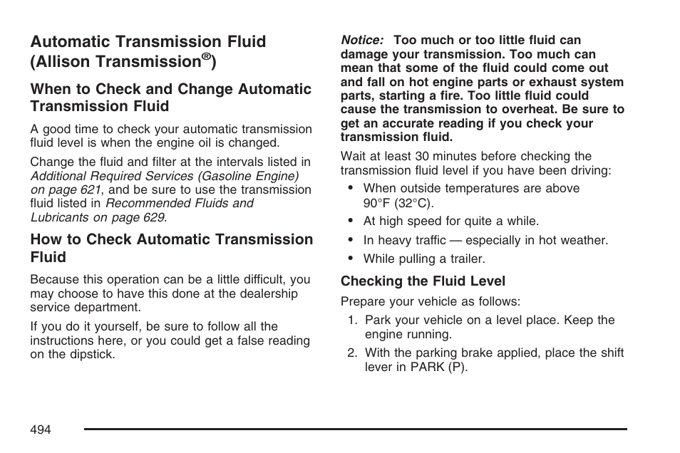 Automatic transmission fluid, Allison transmission, Automatic transmission fluid (allison transmission | GMC 2007 Sierra User Manual | Page 494 / 674