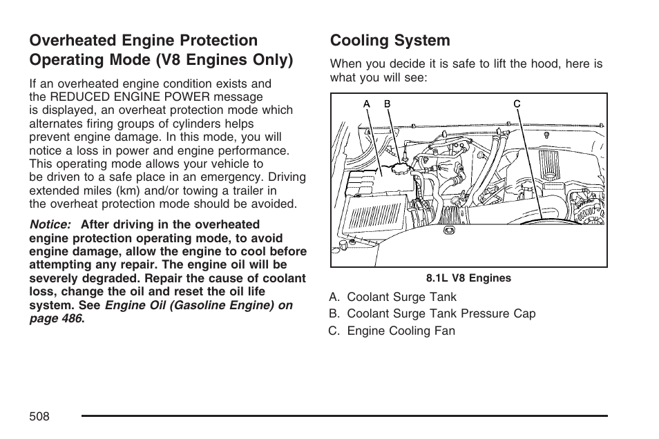 Cooling system, Overheated engine protection, Operating mode (v8 engines only) | GMC 2007 Sierra User Manual | Page 508 / 674