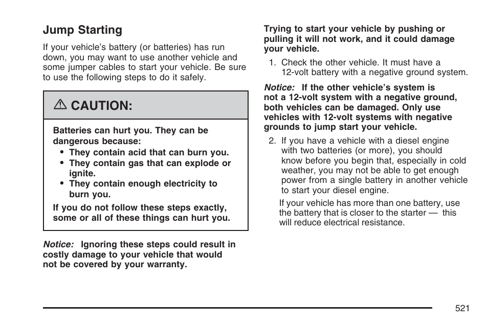 Jump starting, Jump, Starting | Caution | GMC 2007 Sierra User Manual | Page 521 / 674