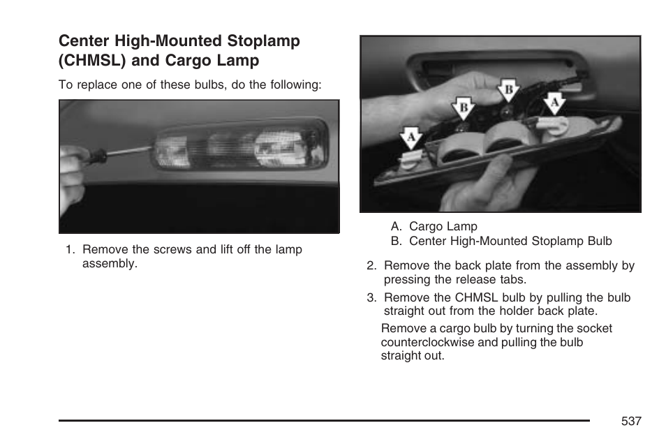 Center high-mounted stoplamp (chmsl), And cargo lamp | GMC 2007 Sierra User Manual | Page 537 / 674