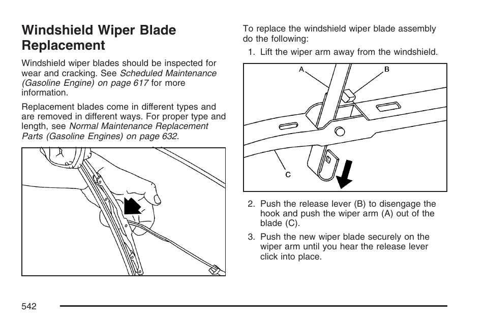 Windshield wiper blade replacement, Windshield wiper blade, Replacement | GMC 2007 Sierra User Manual | Page 542 / 674