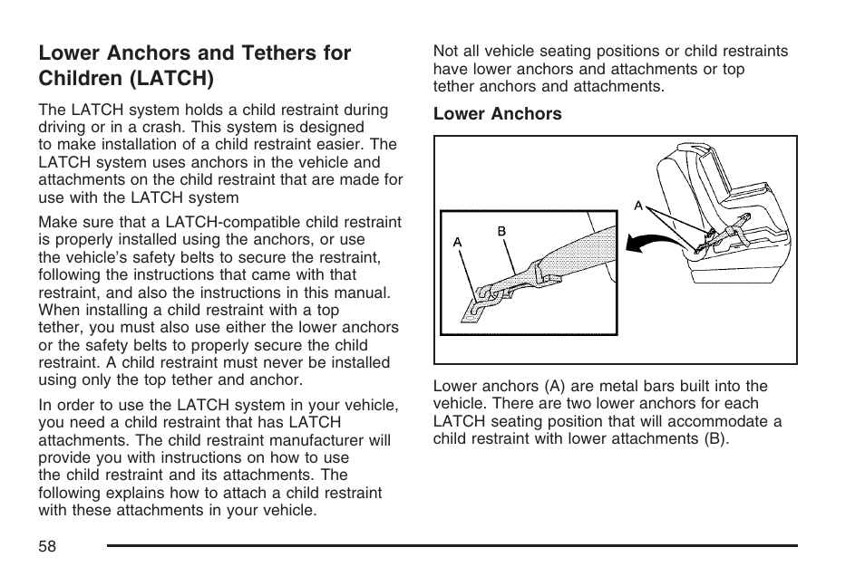 Lower anchors and tethers for children (latch), Lower anchors and tethers for, Children (latch) | GMC 2007 Sierra User Manual | Page 58 / 674