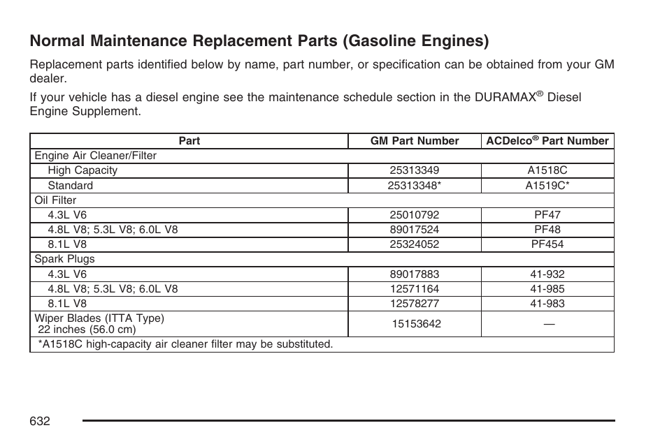 Normal maintenance replacement parts, Gasoline engines) | GMC 2007 Sierra User Manual | Page 632 / 674