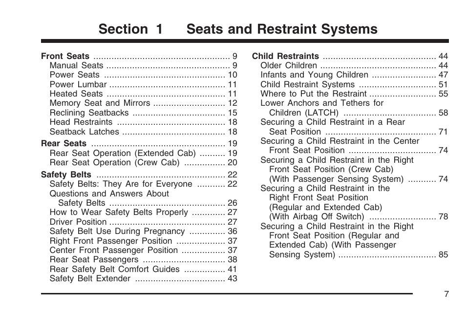 Seats and restraint systems | GMC 2007 Sierra User Manual | Page 7 / 674