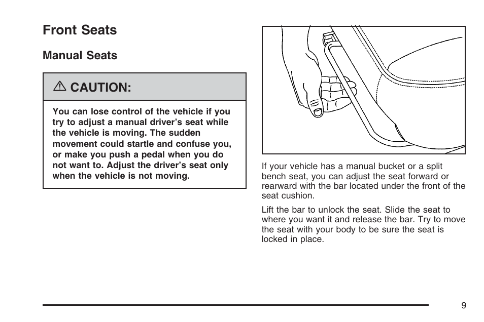 Front seats, Manual seats | GMC 2007 Sierra User Manual | Page 9 / 674