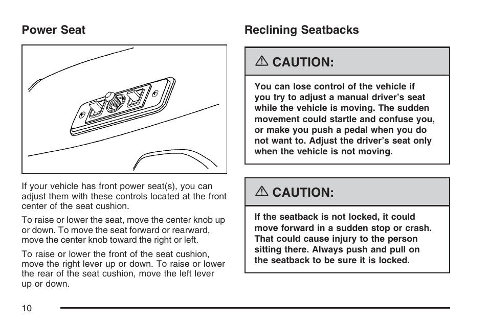 Power seat, Reclining seatbacks, Power seat reclining seatbacks | GMC 2007 Savana User Manual | Page 10 / 452