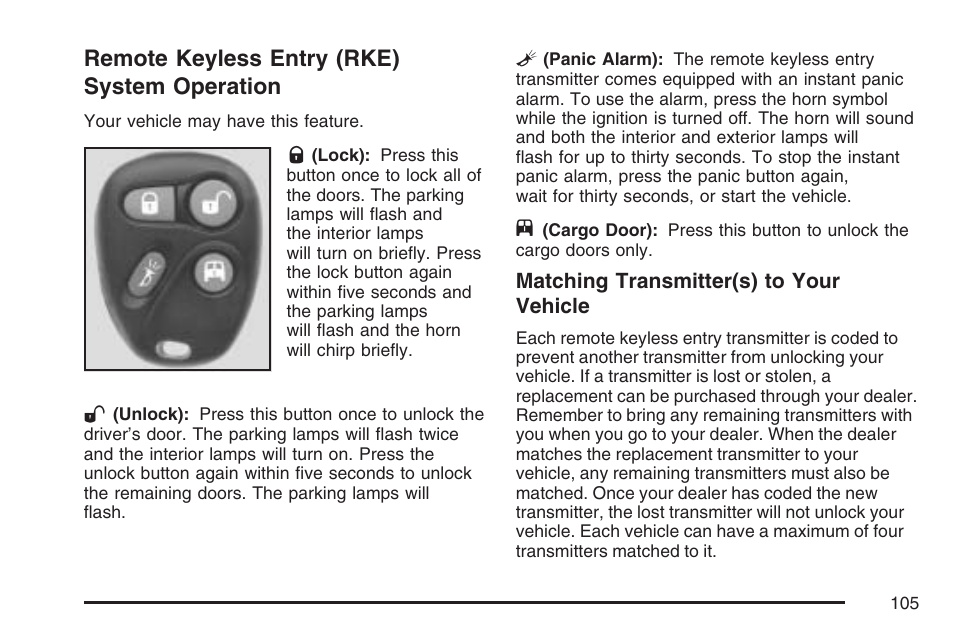 Remote keyless entry (rke) system operation, Remote keyless entry (rke), System operation | GMC 2007 Savana User Manual | Page 105 / 452
