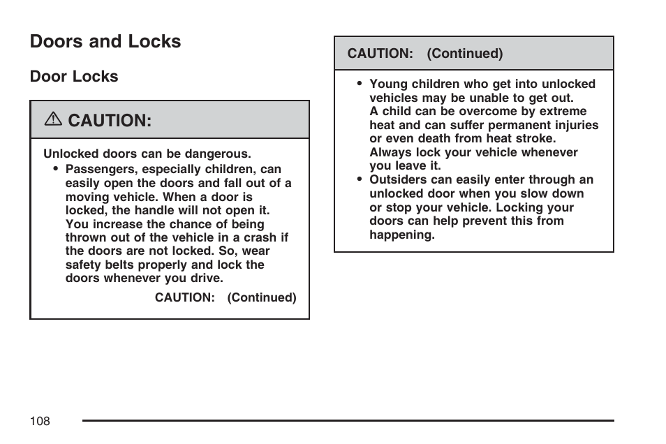 Doors and locks, Door locks, Caution | GMC 2007 Savana User Manual | Page 108 / 452