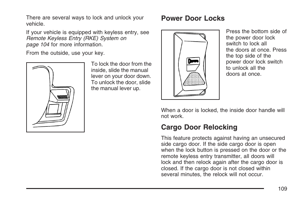Power door locks, Cargo door relocking, Power door locks cargo door relocking | GMC 2007 Savana User Manual | Page 109 / 452