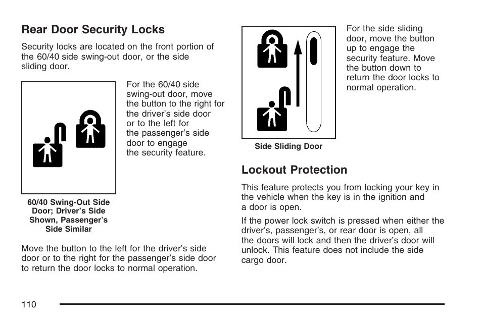 Rear door security locks, Lockout protection, Rear door security locks lockout protection | GMC 2007 Savana User Manual | Page 110 / 452