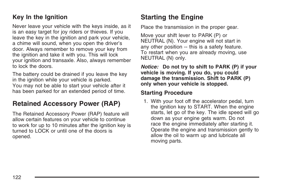 Retained accessory power (rap), Starting the engine, Retained accessory power (rap) starting the engine | GMC 2007 Savana User Manual | Page 122 / 452