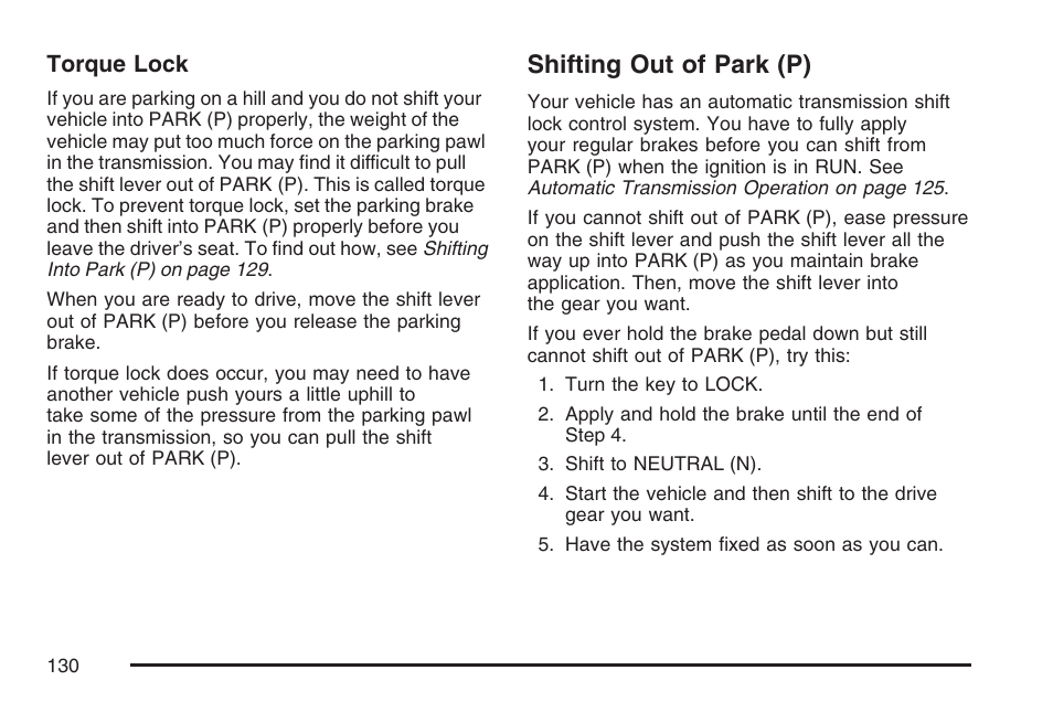 Shifting out of park (p) | GMC 2007 Savana User Manual | Page 130 / 452