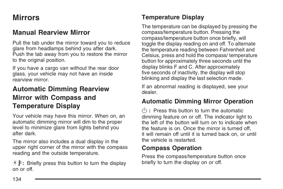 Mirrors, Manual rearview mirror, Compass and temperature display | GMC 2007 Savana User Manual | Page 134 / 452