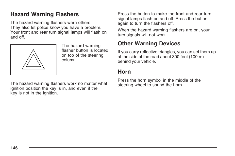 Hazard warning flashers, Other warning devices, Horn | Hazard warning flashers other warning devices horn | GMC 2007 Savana User Manual | Page 146 / 452