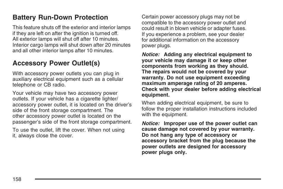 Battery run-down protection, Accessory power outlet(s) | GMC 2007 Savana User Manual | Page 158 / 452