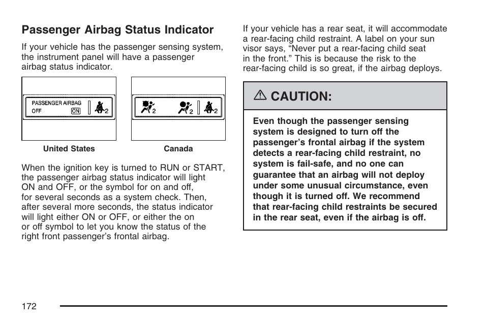 Passenger airbag status indicator, Caution | GMC 2007 Savana User Manual | Page 172 / 452