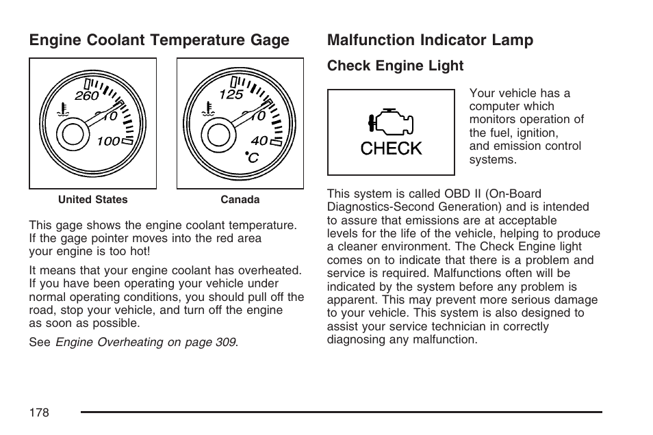 Engine coolant temperature gage, Malfunction indicator lamp | GMC 2007 Savana User Manual | Page 178 / 452