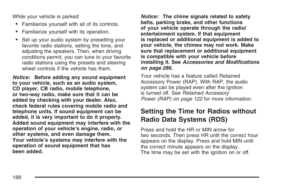 Setting the time for radios without, Radio data systems (rds) | GMC 2007 Savana User Manual | Page 188 / 452