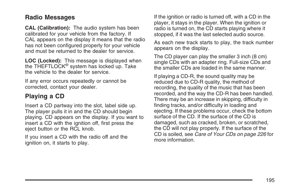 Radio messages, Playing a cd | GMC 2007 Savana User Manual | Page 195 / 452