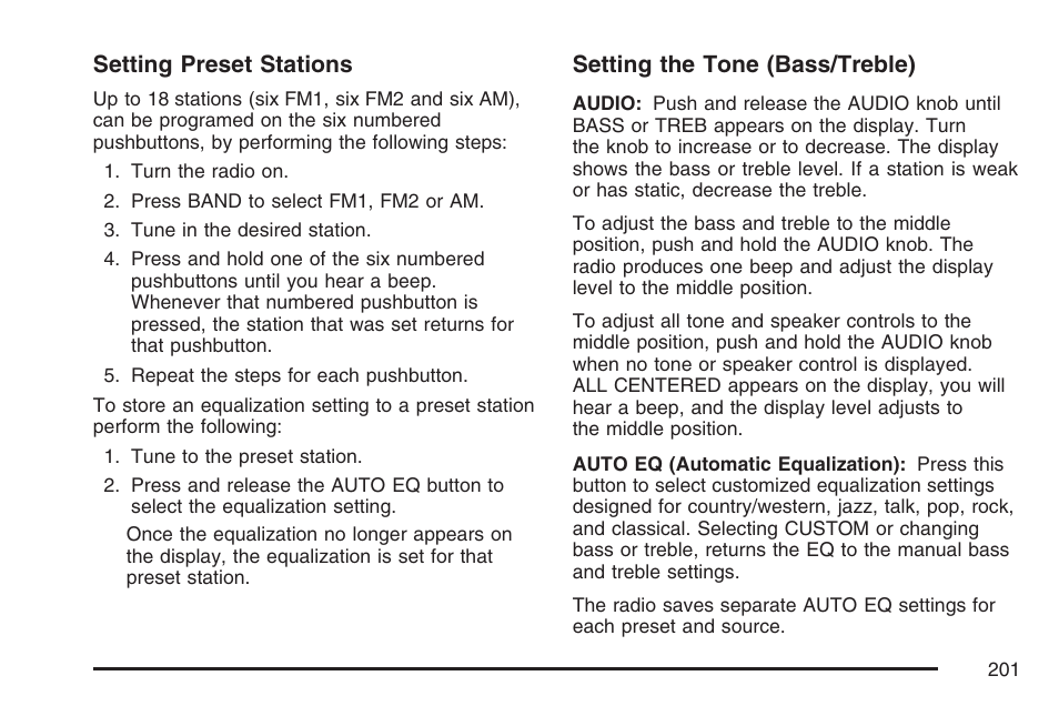 Setting preset stations, Setting the tone (bass/treble) | GMC 2007 Savana User Manual | Page 201 / 452