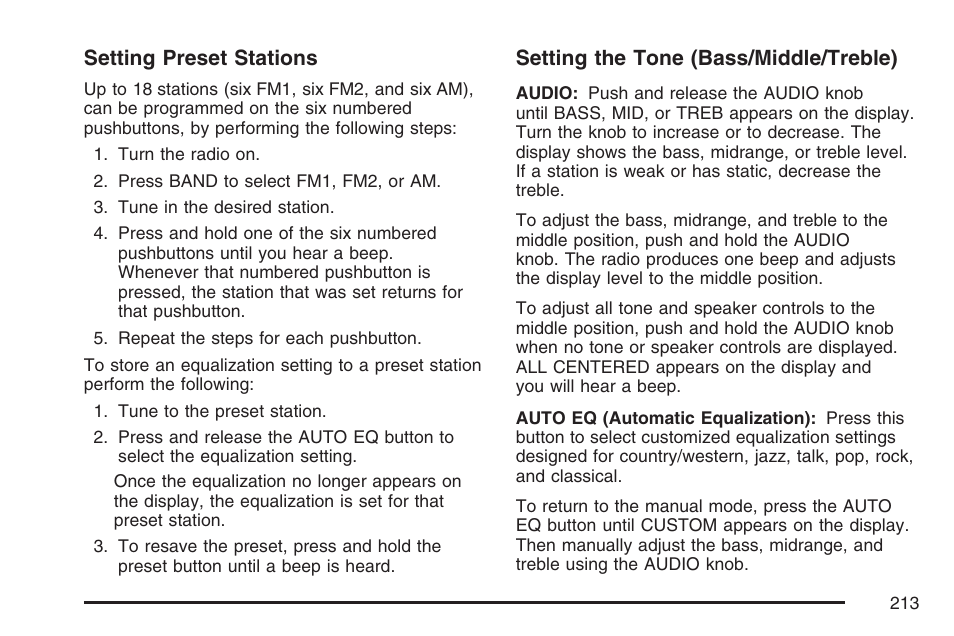 Setting preset stations, Setting the tone (bass/middle/treble) | GMC 2007 Savana User Manual | Page 213 / 452
