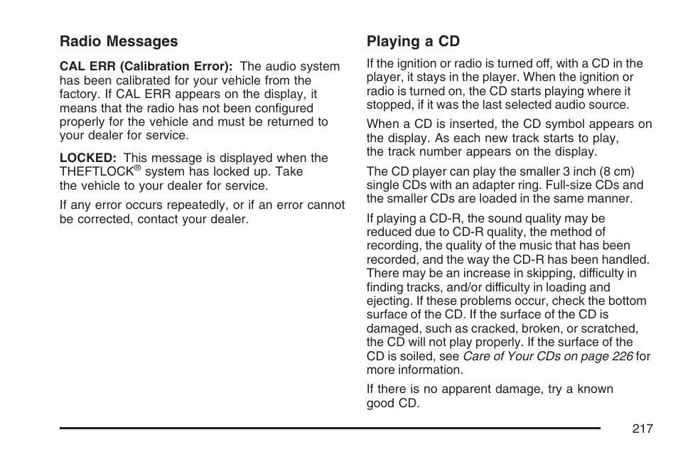 Radio messages, Playing a cd | GMC 2007 Savana User Manual | Page 217 / 452