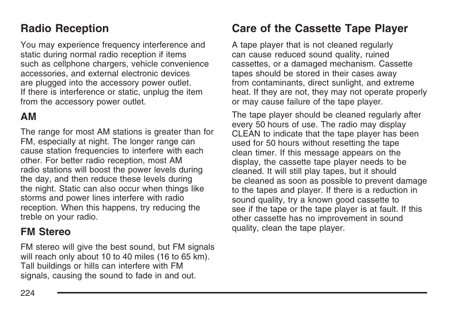 Radio reception, Care of the cassette tape player, Radio reception care of the cassette tape player | GMC 2007 Savana User Manual | Page 224 / 452