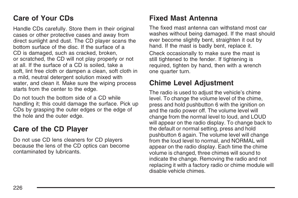 Care of your cds, Care of the cd player, Fixed mast antenna | Chime level adjustment | GMC 2007 Savana User Manual | Page 226 / 452