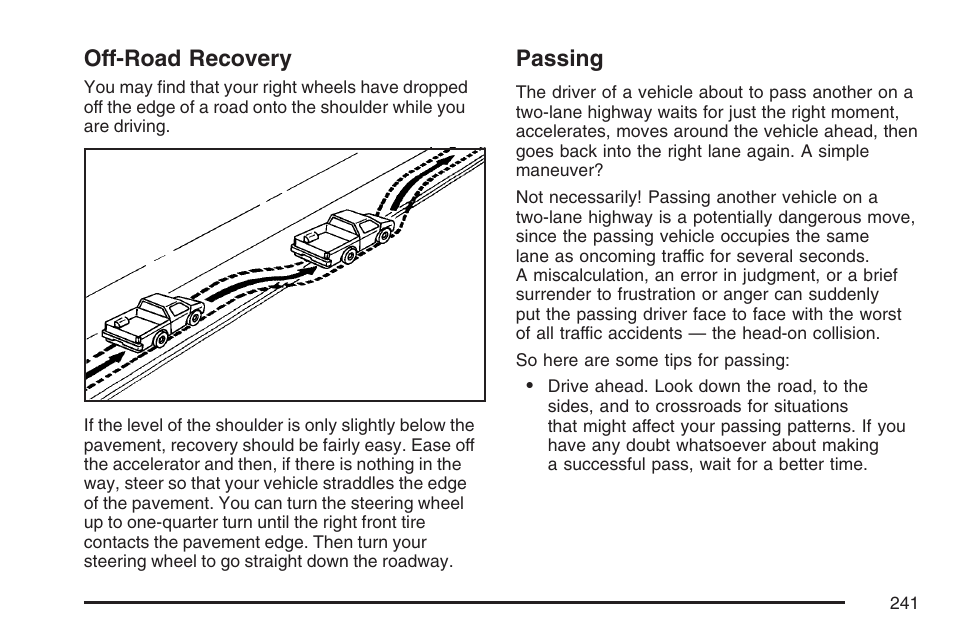 Off-road recovery, Passing, Off-road recovery passing | GMC 2007 Savana User Manual | Page 241 / 452
