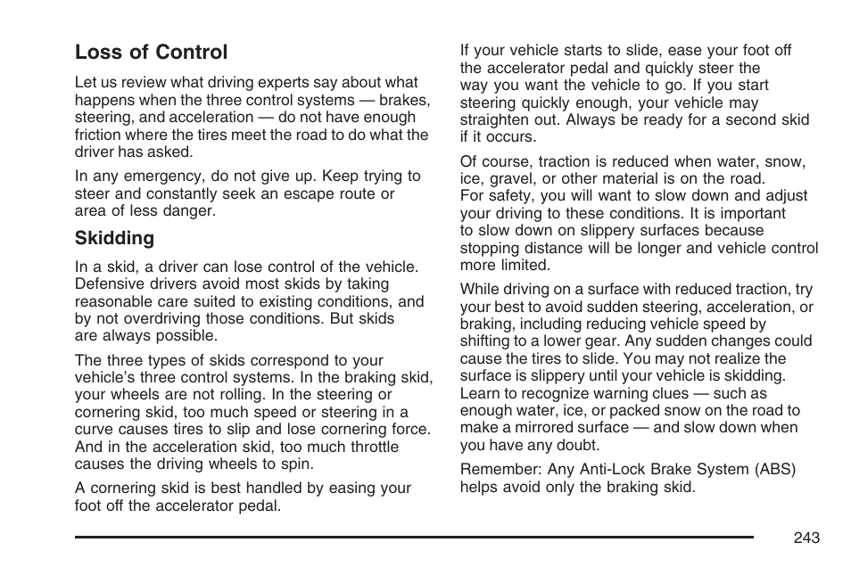 Loss of control | GMC 2007 Savana User Manual | Page 243 / 452
