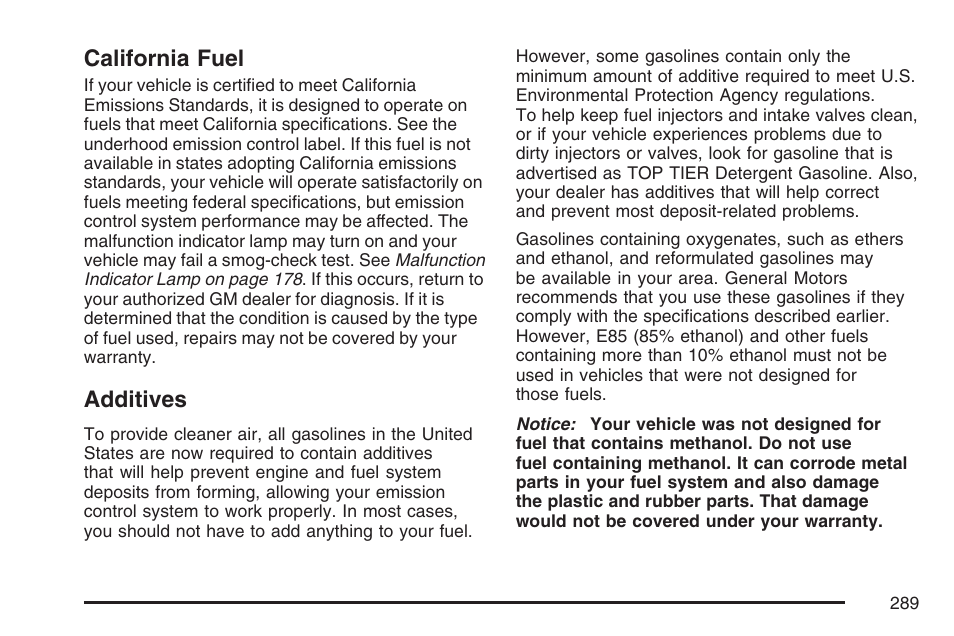 California fuel, Additives, California fuel additives | GMC 2007 Savana User Manual | Page 289 / 452