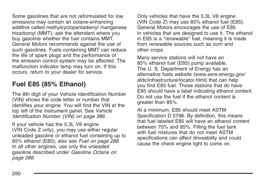 Fuel e85 (85% ethanol) | GMC 2007 Savana User Manual | Page 290 / 452