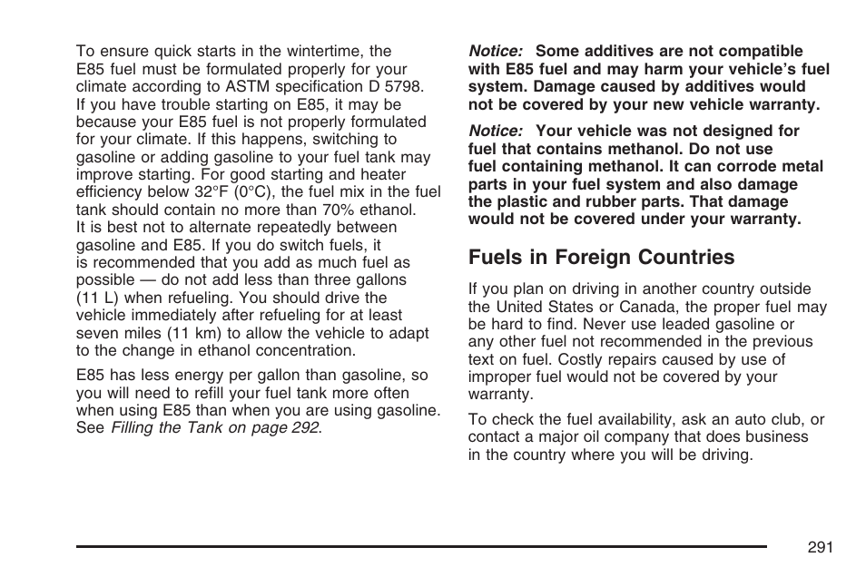 Fuels in foreign countries | GMC 2007 Savana User Manual | Page 291 / 452