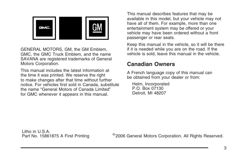 Canadian owners | GMC 2007 Savana User Manual | Page 3 / 452