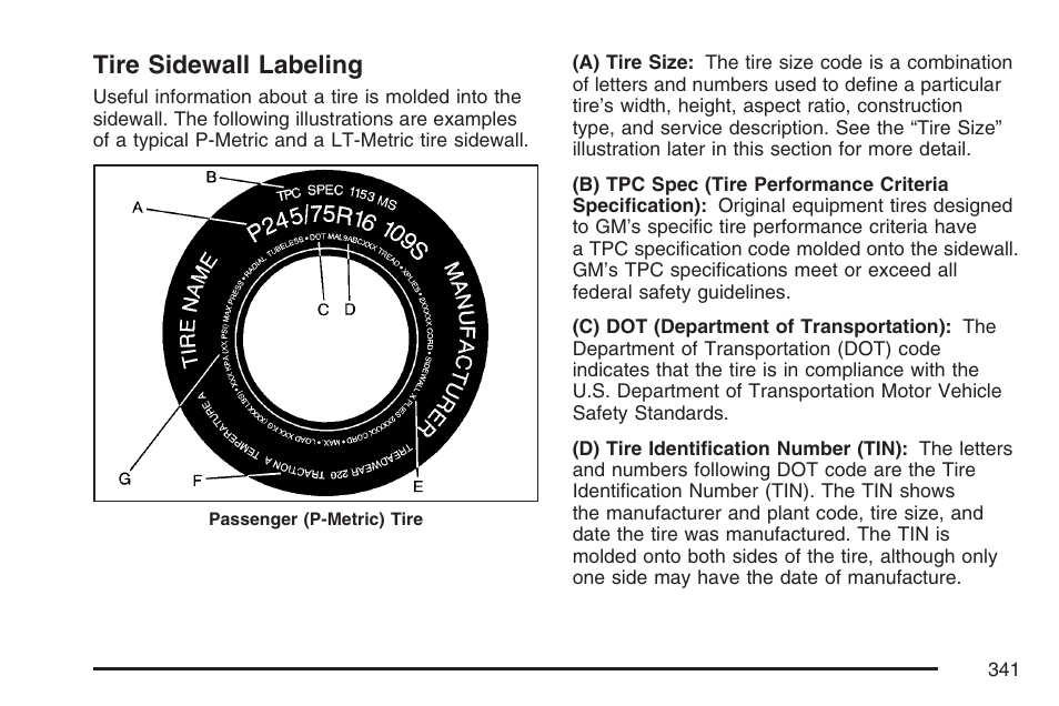 Tire sidewall labeling | GMC 2007 Savana User Manual | Page 341 / 452
