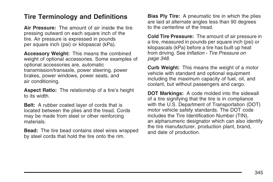 Tire terminology and definitions | GMC 2007 Savana User Manual | Page 345 / 452