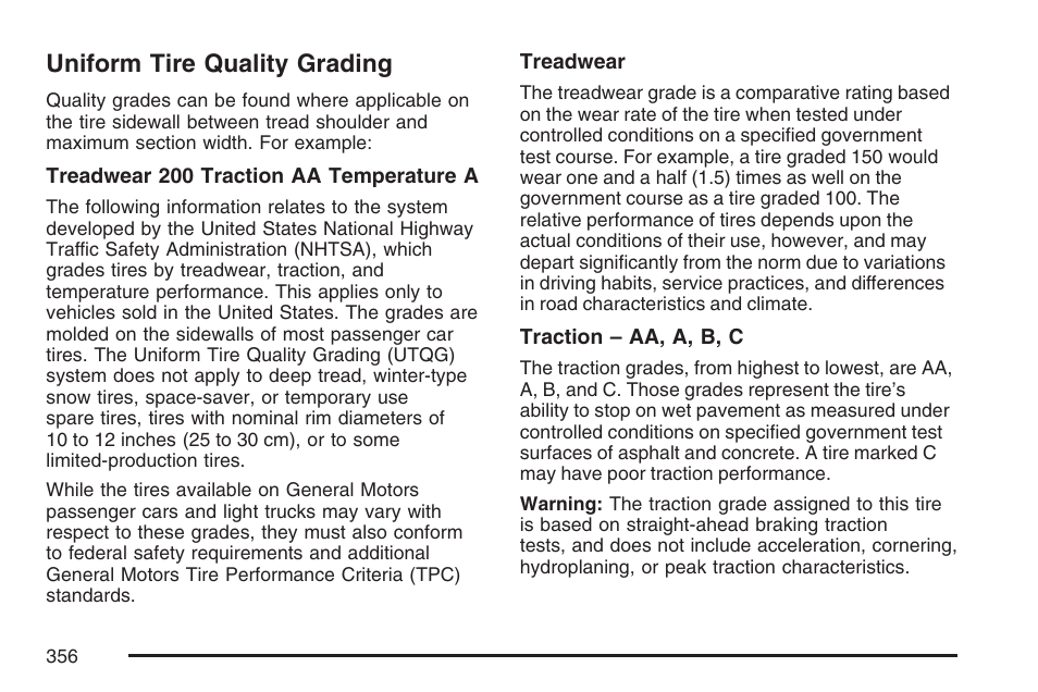 Uniform tire quality grading | GMC 2007 Savana User Manual | Page 356 / 452