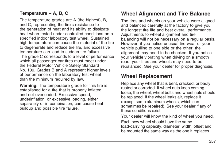 Wheel alignment and tire balance, Wheel replacement, Wheel alignment and tire balance wheel replacement | GMC 2007 Savana User Manual | Page 357 / 452