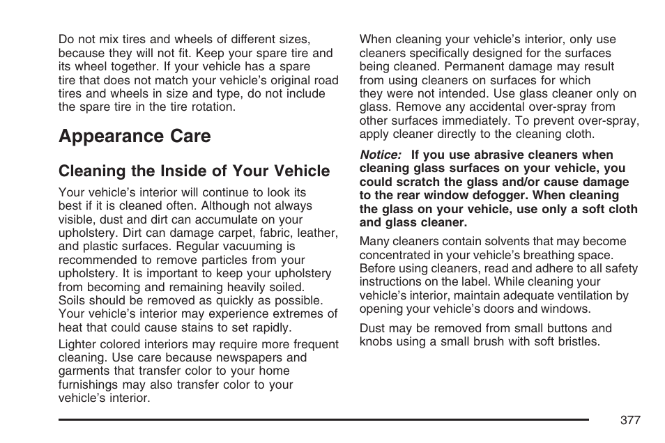Appearance care, Cleaning the inside of your vehicle | GMC 2007 Savana User Manual | Page 377 / 452