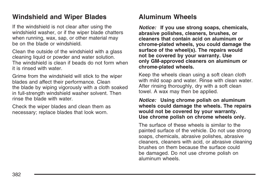 Windshield and wiper blades, Aluminum wheels, Windshield and wiper blades aluminum wheels | GMC 2007 Savana User Manual | Page 382 / 452