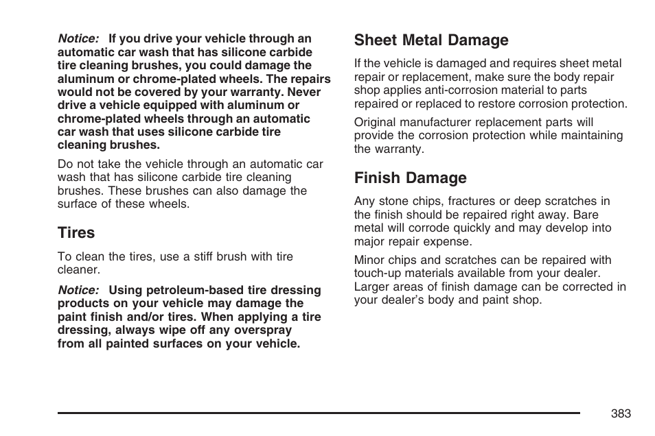 Tires, Sheet metal damage, Finish damage | Tires sheet metal damage finish damage | GMC 2007 Savana User Manual | Page 383 / 452