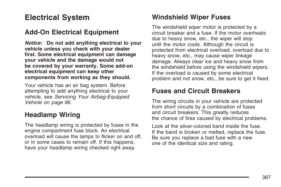 Electrical system, Add-on electrical equipment, Headlamp wiring | Windshield wiper fuses, Fuses and circuit breakers | GMC 2007 Savana User Manual | Page 387 / 452