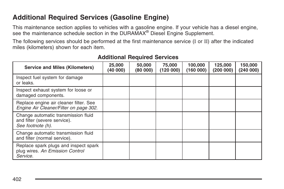 Additional required services (gasoline engine), Additional required services, Gasoline engine) | GMC 2007 Savana User Manual | Page 402 / 452