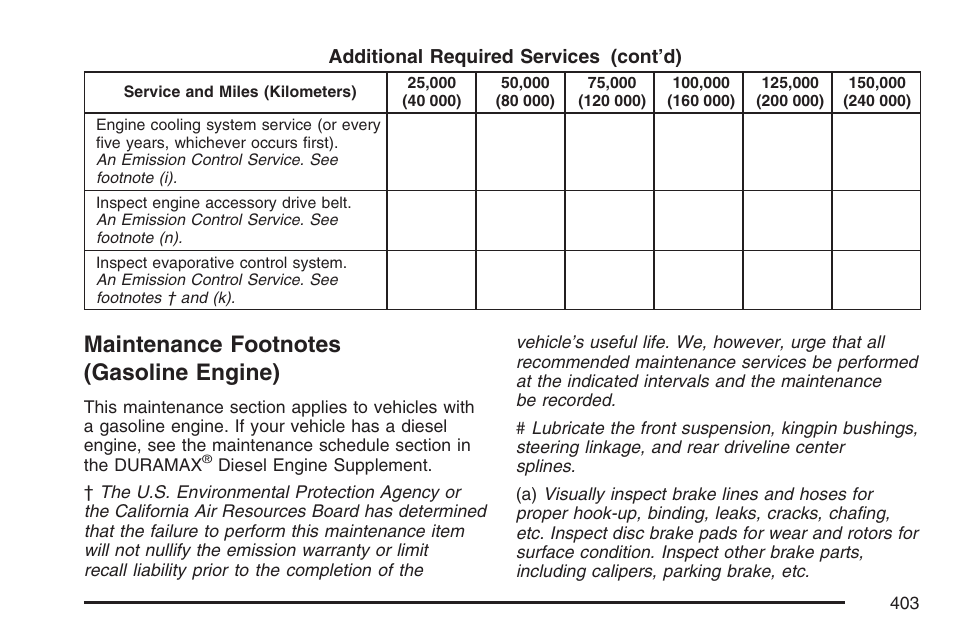 Maintenance footnotes (gasoline engine), Maintenance footnotes, Gasoline engine) | GMC 2007 Savana User Manual | Page 403 / 452