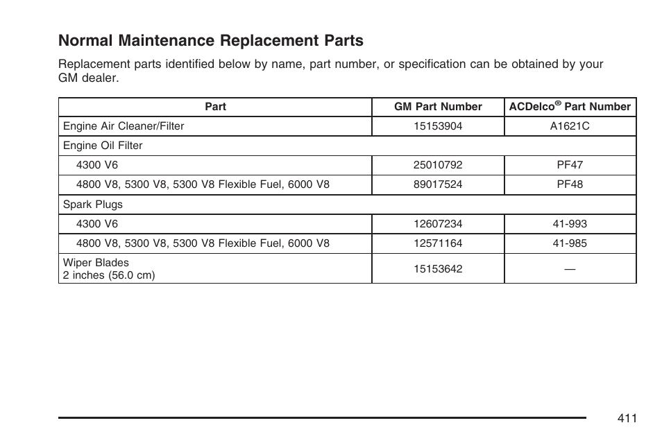 Normal maintenance replacement parts | GMC 2007 Savana User Manual | Page 411 / 452