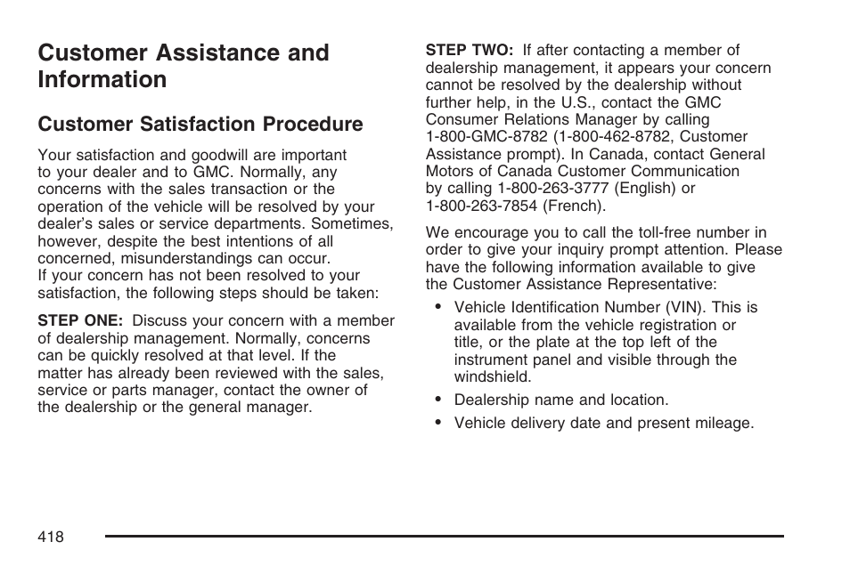 Customer assistance and information, Customer satisfaction procedure, Customer assistance and | Information | GMC 2007 Savana User Manual | Page 418 / 452