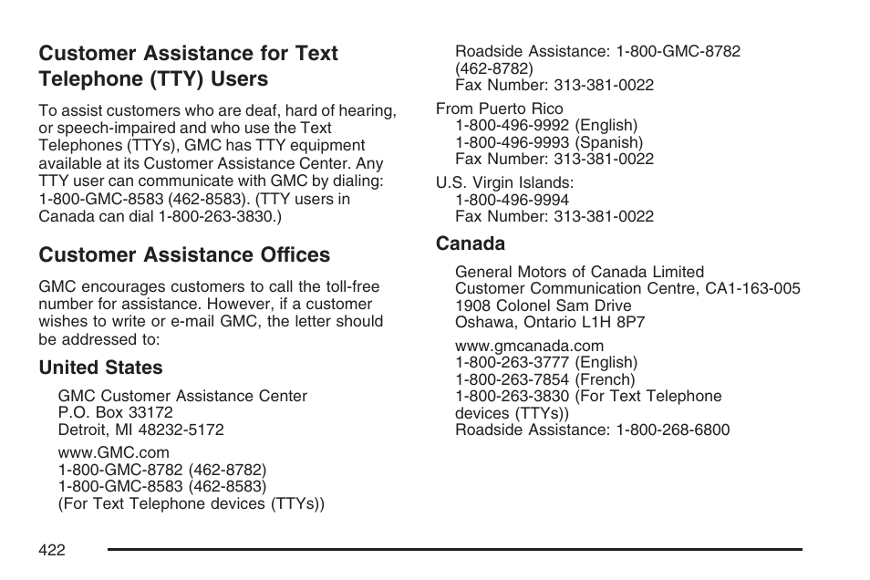 Customer assistance for text telephone (tty) users, Customer assistance offices, Customer assistance for text | Telephone (tty) users | GMC 2007 Savana User Manual | Page 422 / 452